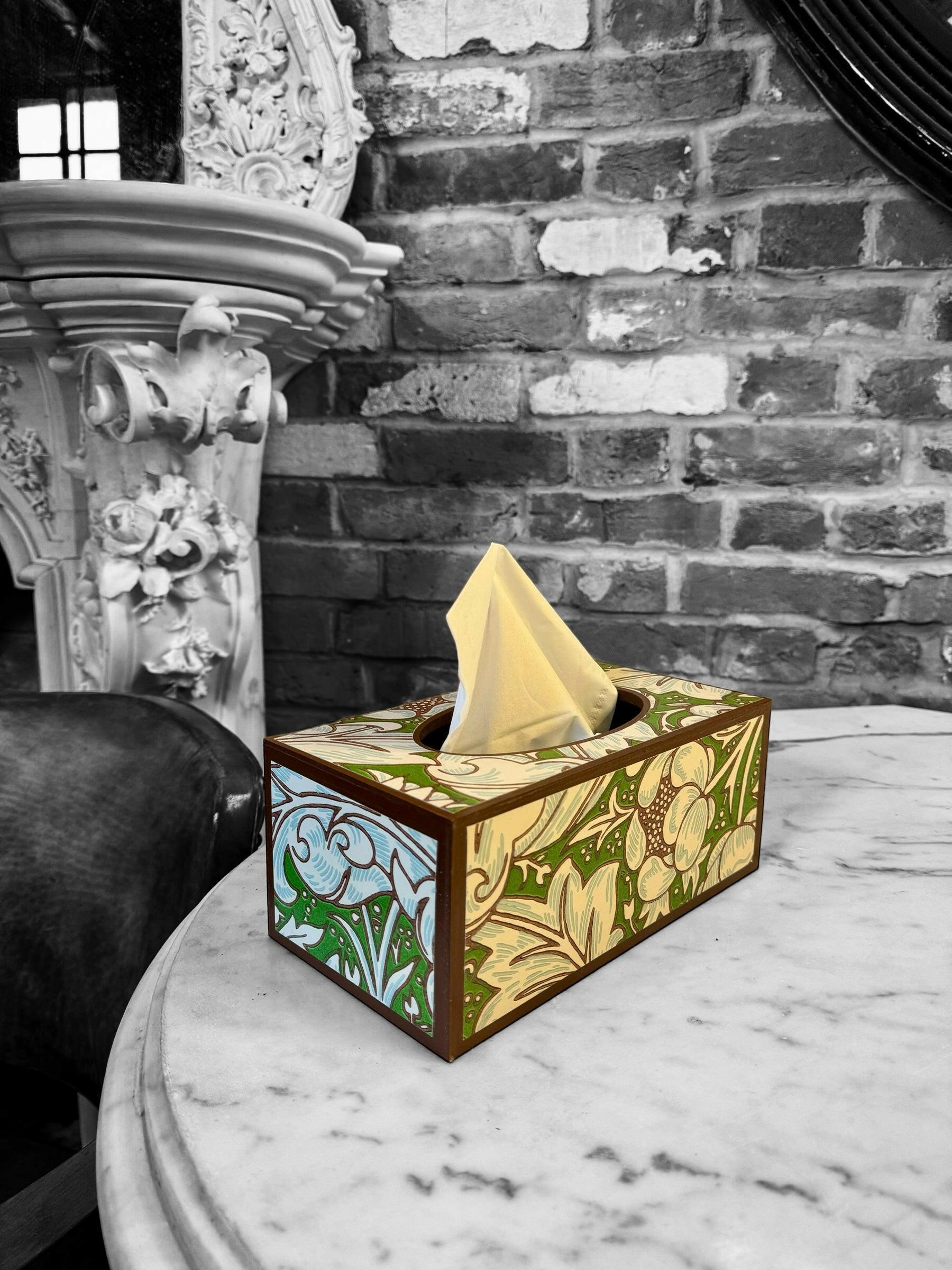 CLERKENWELL **LIMITED EDITION** Rectangle tissue box cover - Decoupage in Batchelors Button/Morris & Co X Ben Pentreath in Leaf Green/Sky colour way..