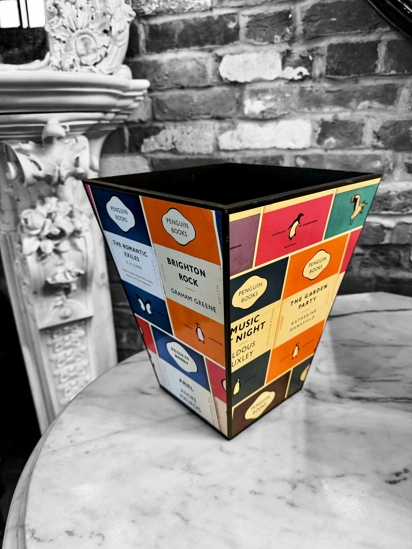 Oxford Waste paper bin & tissue box cover, bedroom bin, study bin, bathroom bin Penguin Library. Handmade by Beatrice Bloom London