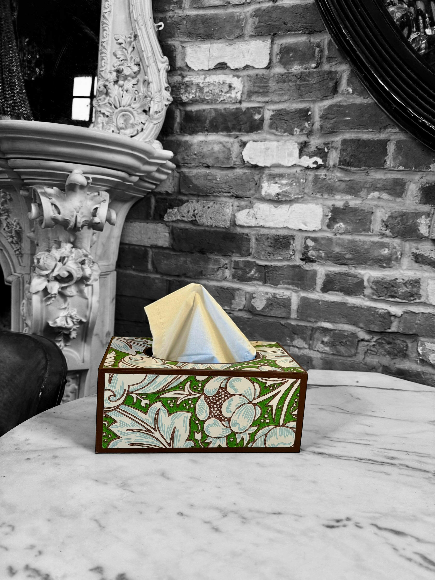 CLERKENWELL **LIMITED EDITION** Rectangle tissue box cover - Decoupage in Batchelors Button/Morris & Co X Ben Pentreath in Leaf Green/Sky colour way..