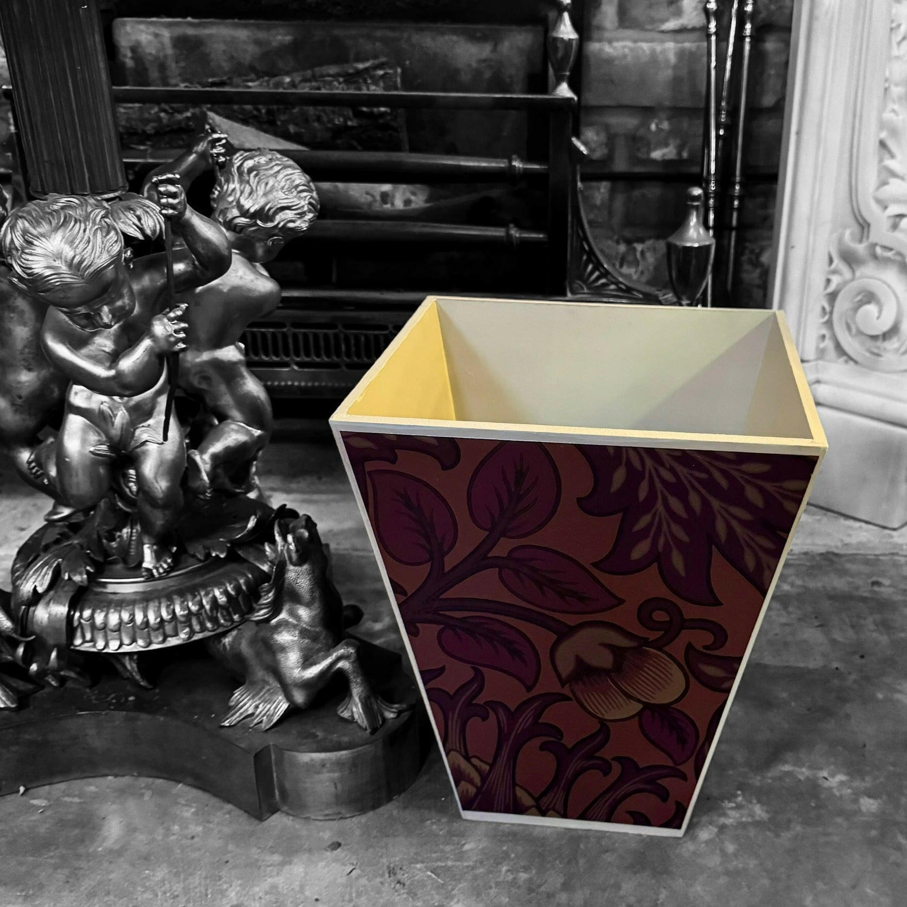 CAMDEN - Waste paper bin - Decoupage in Artichoke/Morris & Co/Sanderson in wine colourway..