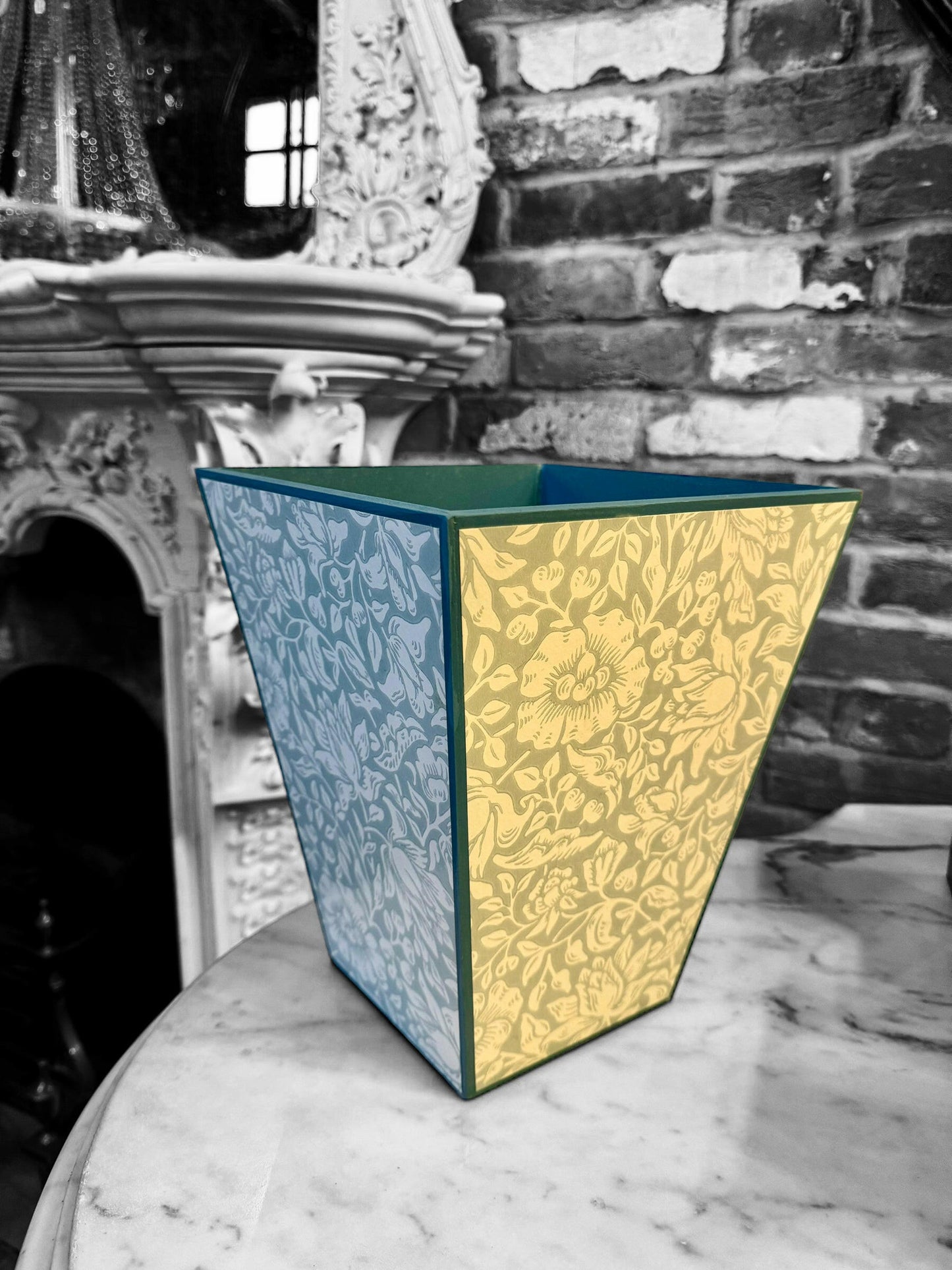 CHELSEA - Waste paper bin - Decoupage in Mallow/Morris & Co in Chalk/Duck Egg colour way..