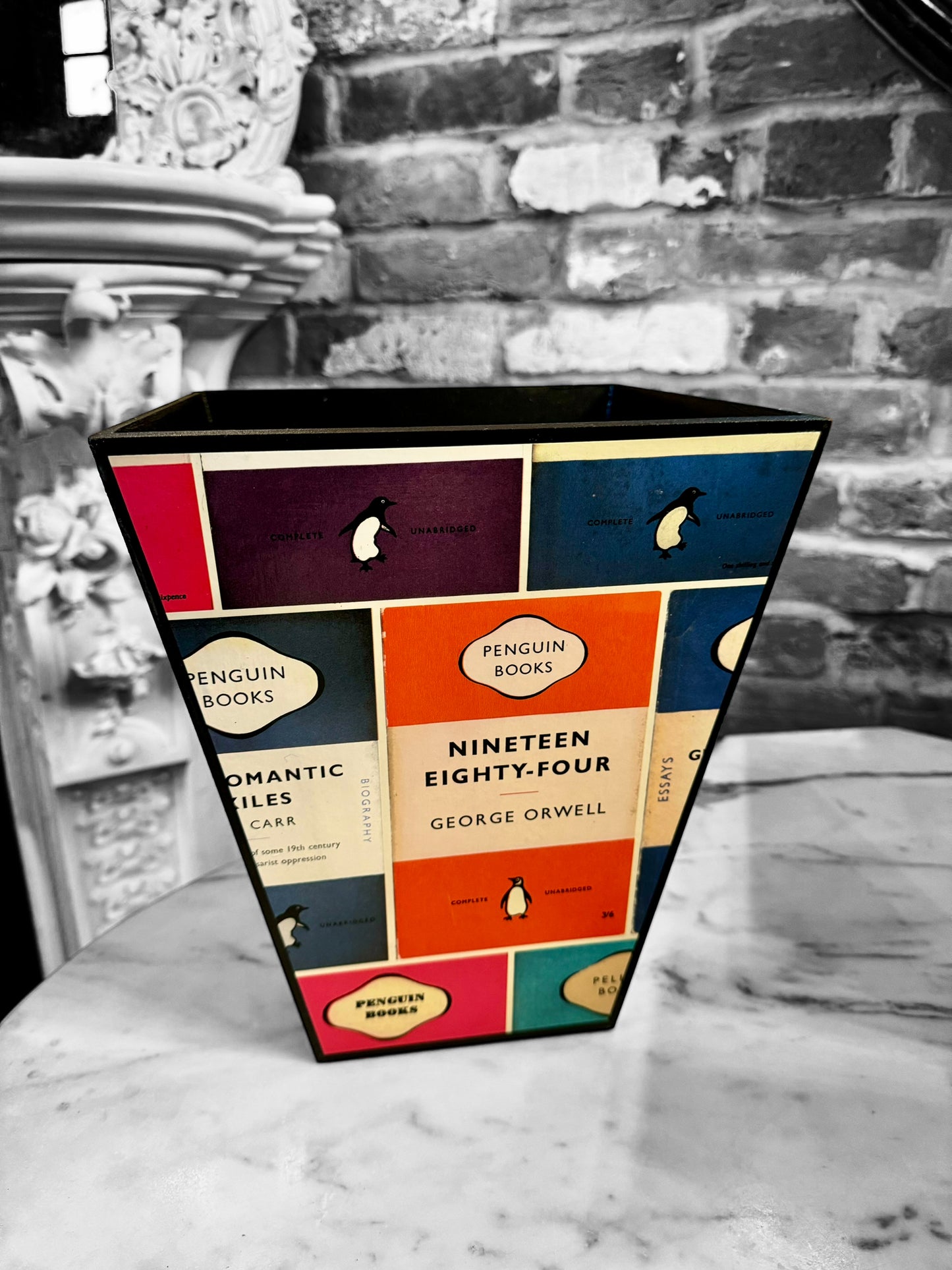 Oxford Waste paper bin & tissue box cover, bedroom bin, study bin, bathroom bin Penguin Library. Handmade by Beatrice Bloom London