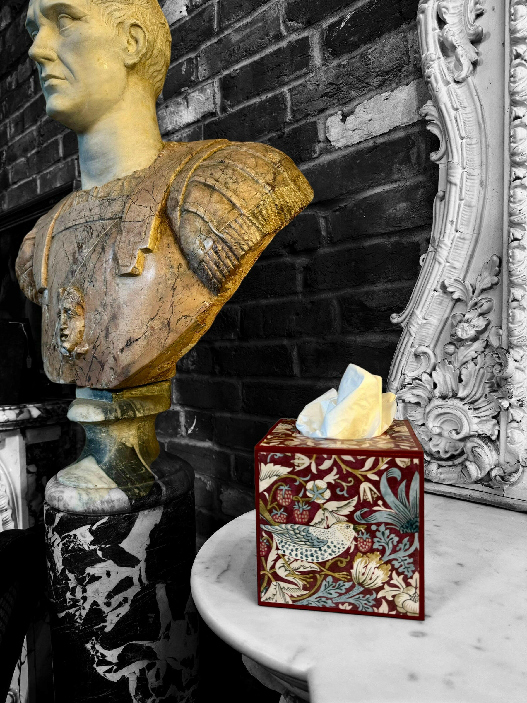 KELMSCOTT PLUM - Square tissue box holder - Decoupage in Strawberry Thief/Clarke & Clarke - plum colourway.