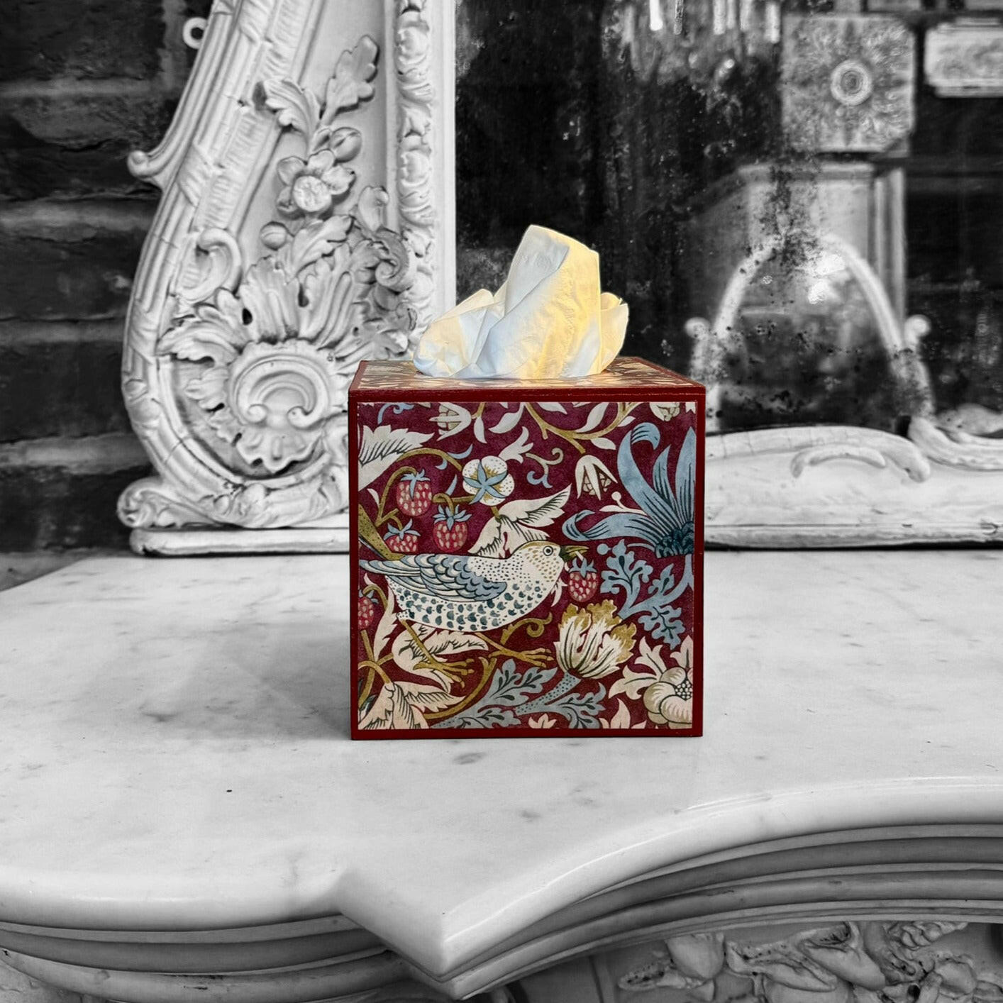 KELMSCOTT PLUM - Square tissue box holder - Decoupage in Strawberry Thief/Clarke & Clarke - plum colourway.