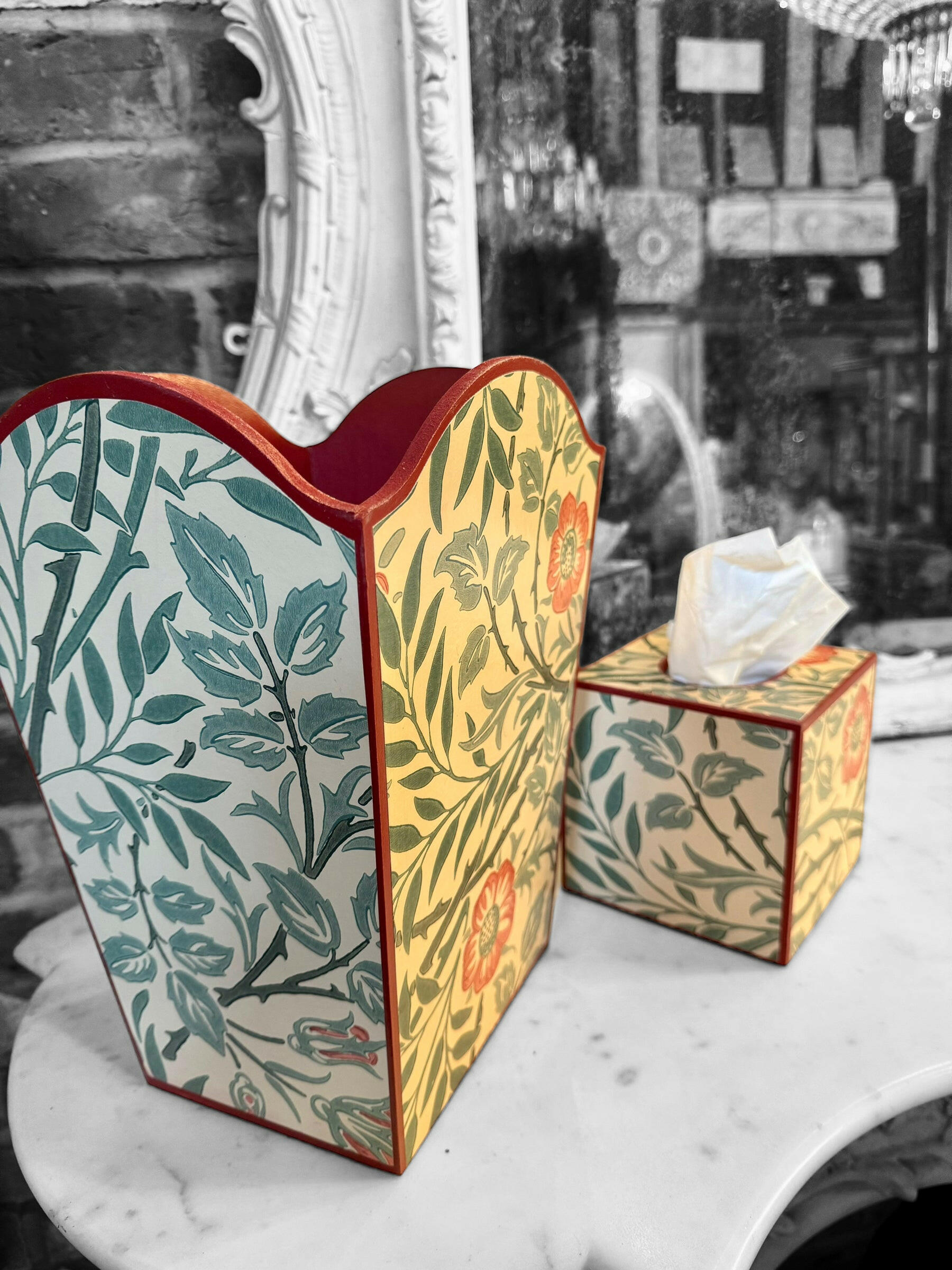 MALVERN **LIMITED EDITION** Waste paper bin & square tissue box cover - Decoupage in Sweet Briar/Morris & Co in green/blue/rust colour way.