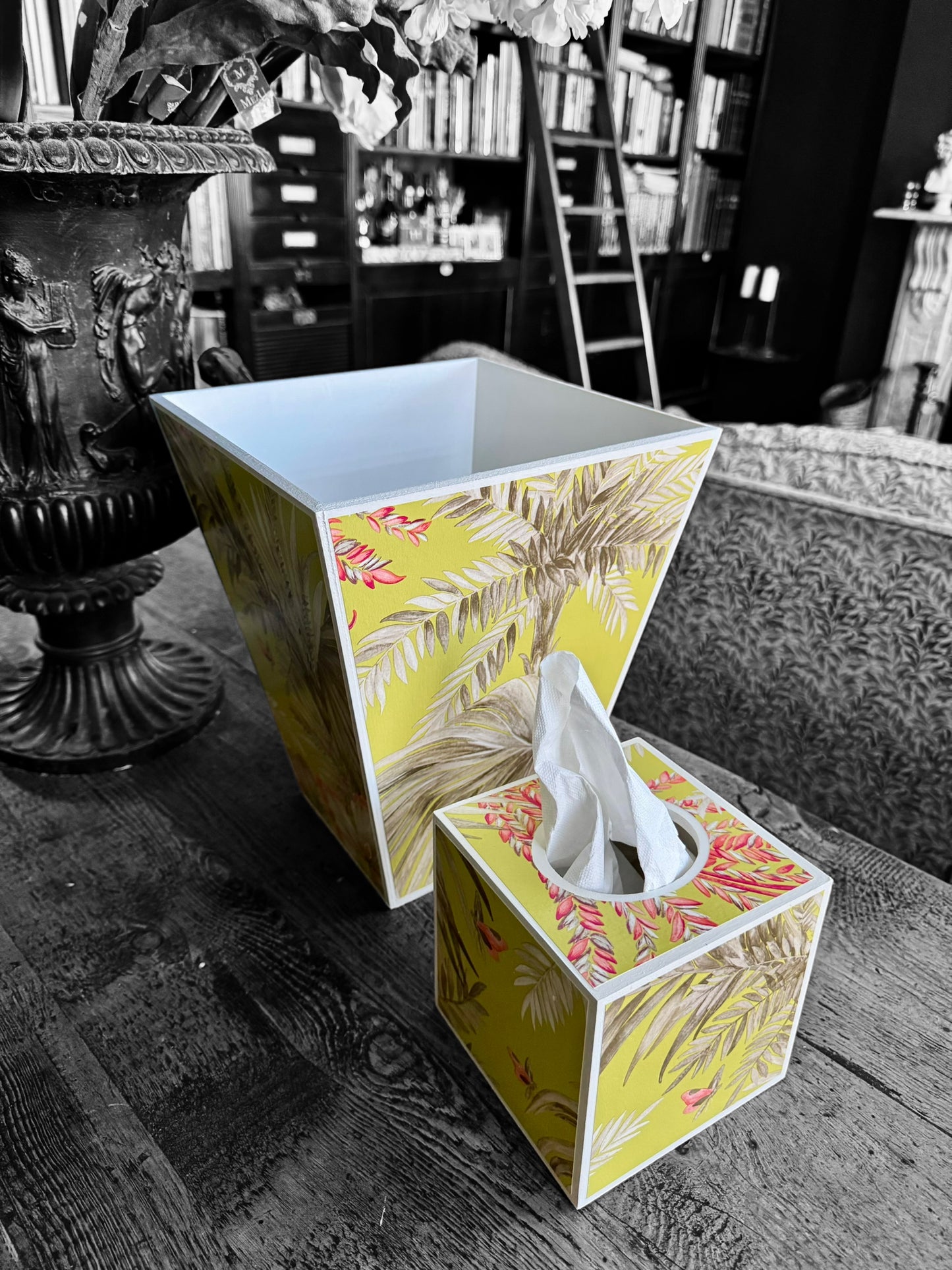Twickenham - Matching set - Waste paper bin & square or rectangle tissue box cover - Decoupage in Bird of Paradise by Matthew Williamson in pink/purple colourway