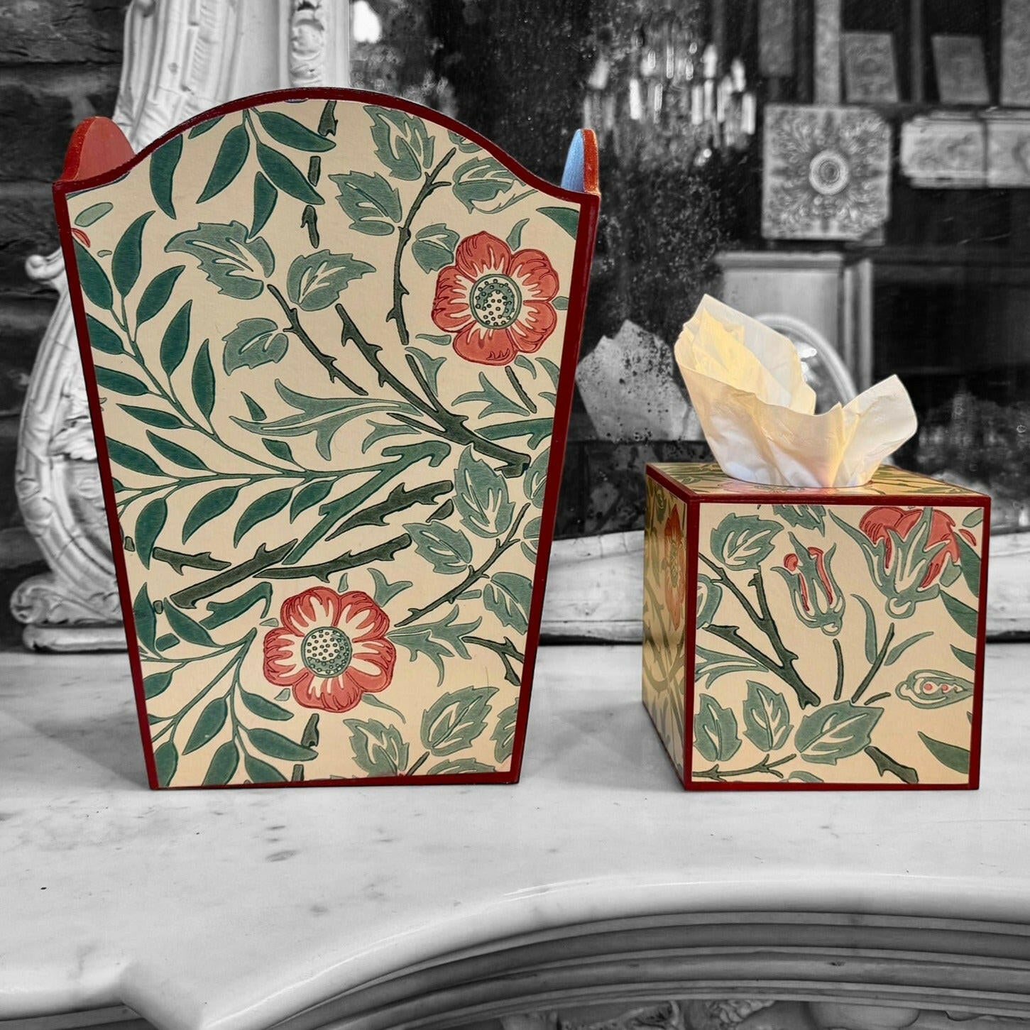 MALVERN **LIMITED EDITION** Waste paper bin & square tissue box cover - Decoupage in Sweet Briar/Morris & Co in green/blue/rust colour way.