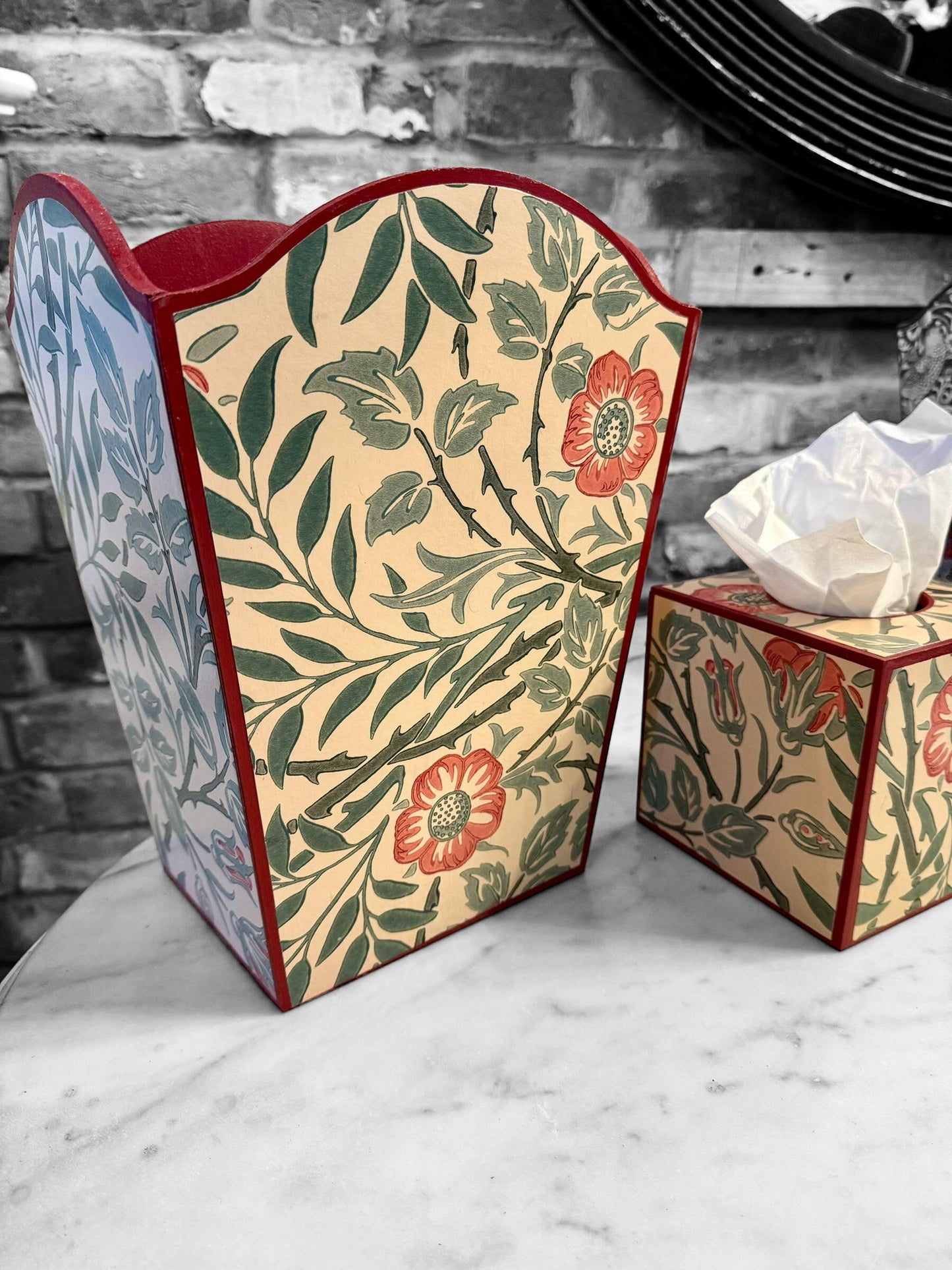 MALVERN **LIMITED EDITION** Waste paper bin & square tissue box cover - Decoupage in Sweet Briar/Morris & Co in green/blue/rust colour way.