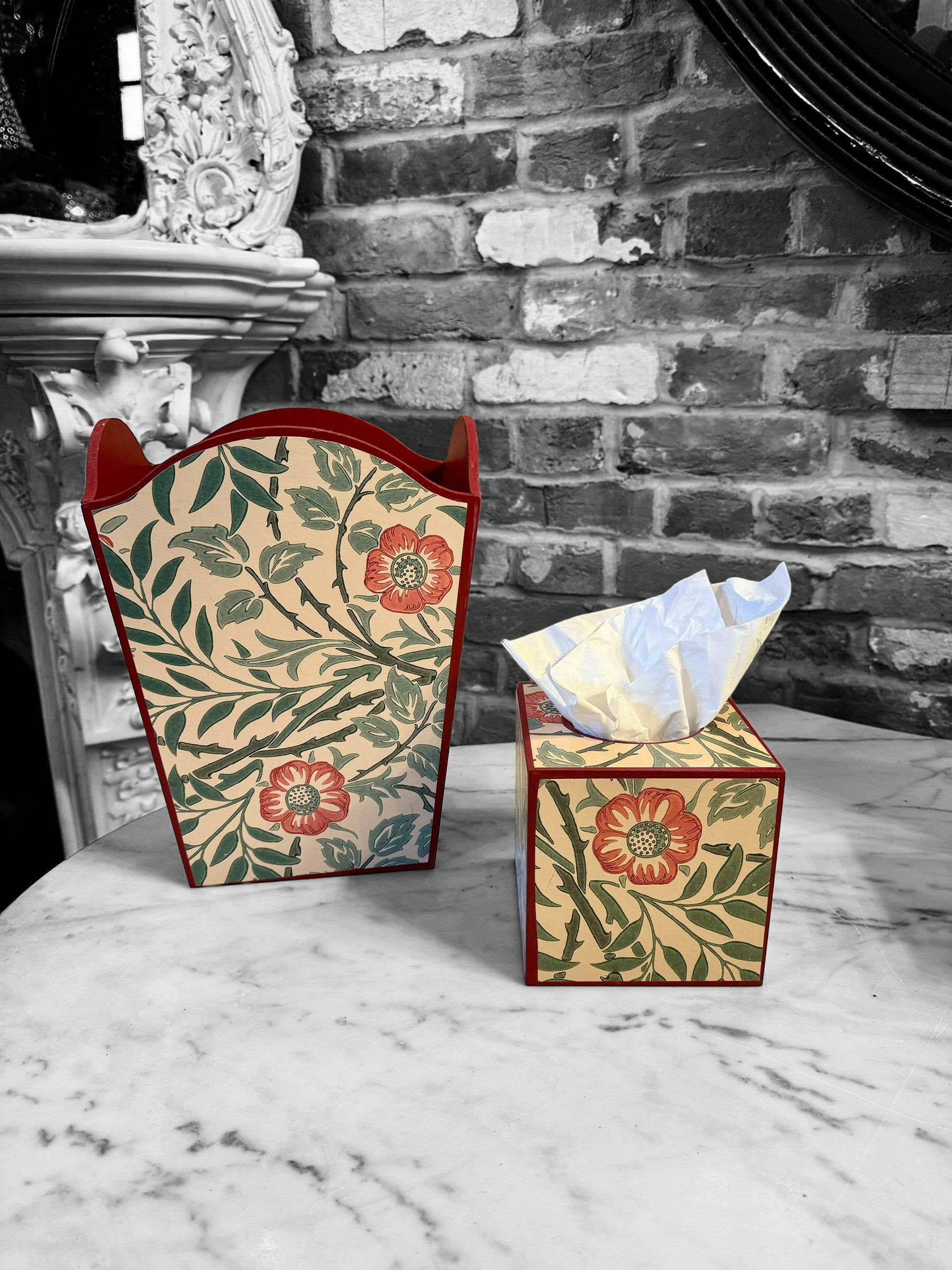 MALVERN **LIMITED EDITION** Waste paper bin & square tissue box cover - Decoupage in Sweet Briar/Morris & Co in green/blue/rust colour way.