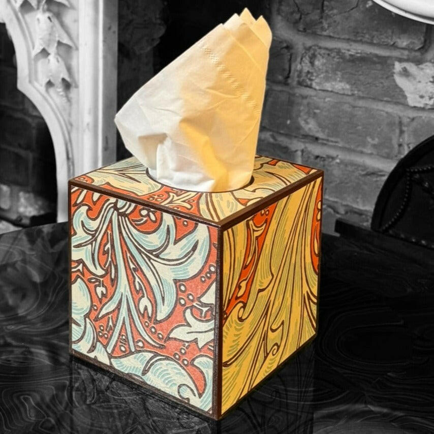 CLERKENWELL **LIMITED EDITION** Square tissue box cover - Decoupaged in Batchelor's Button/Morris &Co - colourway burnt orange/sky..