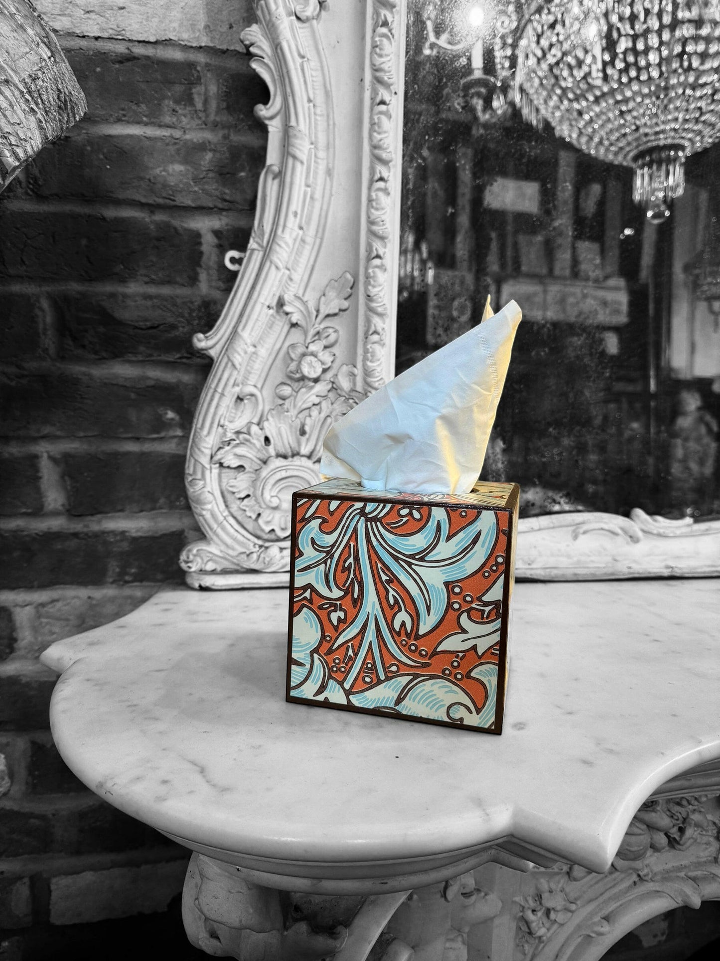 CLERKENWELL **LIMITED EDITION** Square tissue box cover - Decoupaged in Batchelor's Button/Morris &Co - colourway burnt orange/sky..