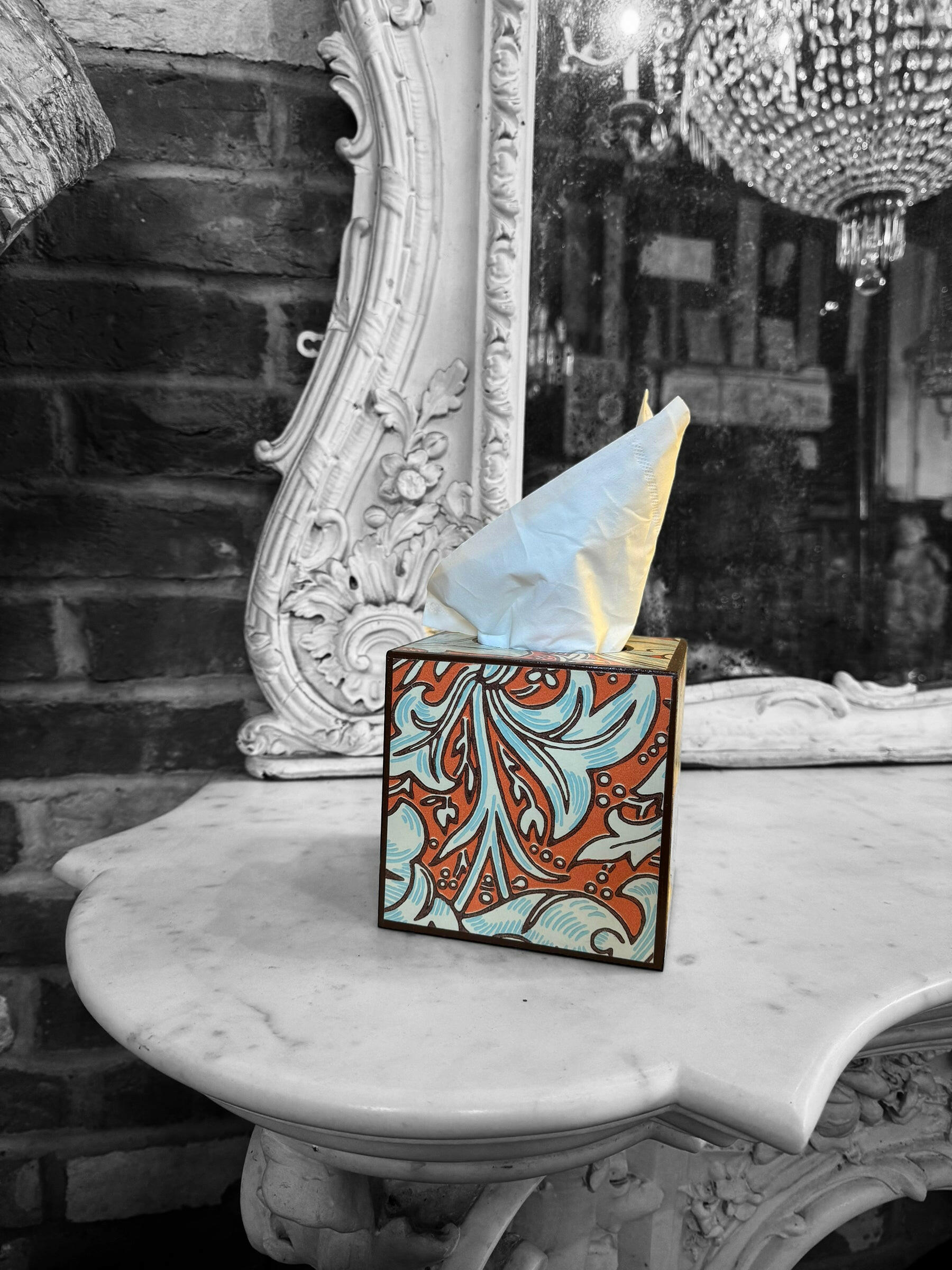 CLERKENWELL **LIMITED EDITION** Square tissue box cover - Decoupaged in Batchelor's Button/Morris &Co - colourway burnt orange/sky..