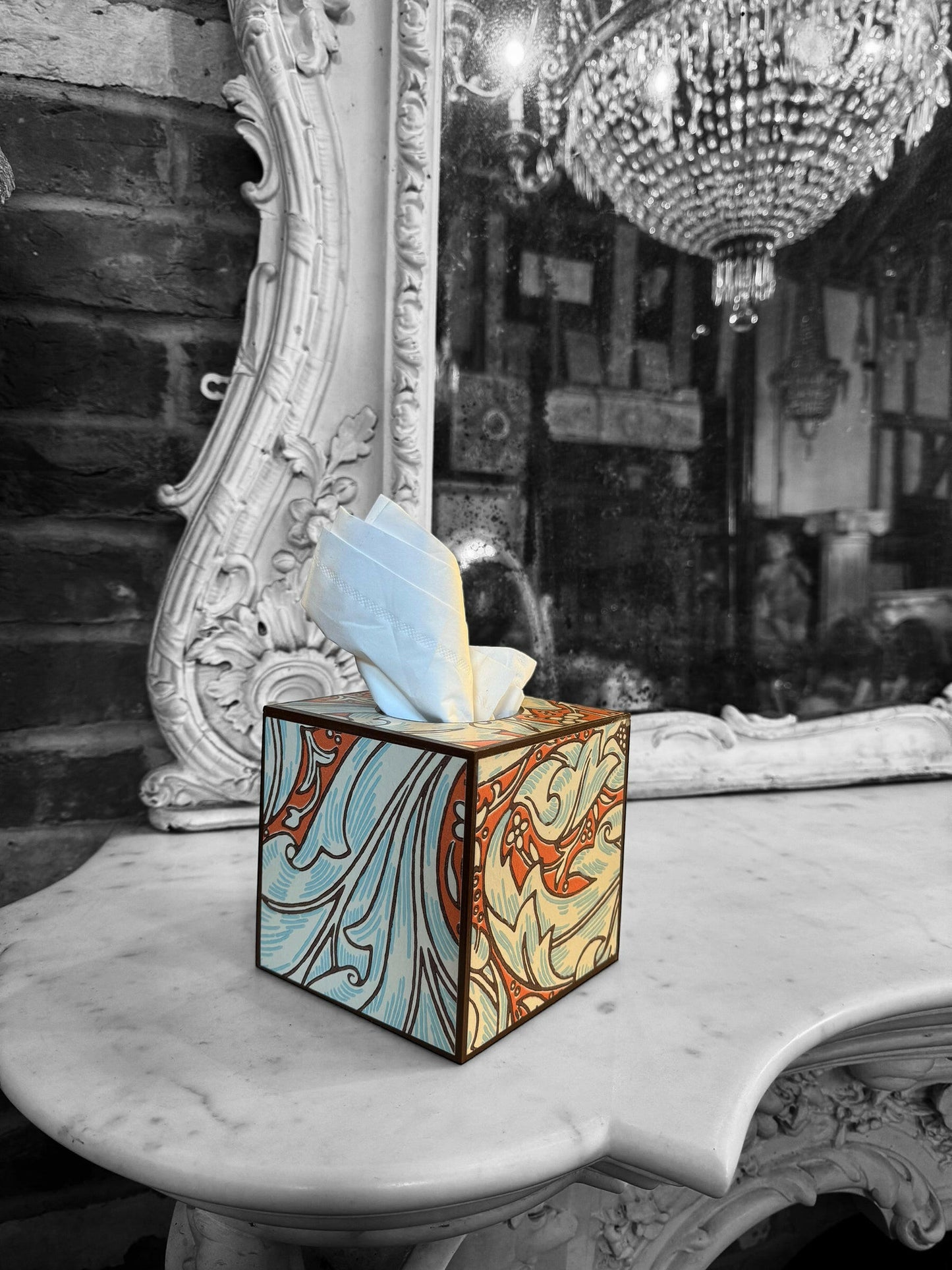 CLERKENWELL **LIMITED EDITION** Square tissue box cover - Decoupaged in Batchelor's Button/Morris &Co - colourway burnt orange/sky..