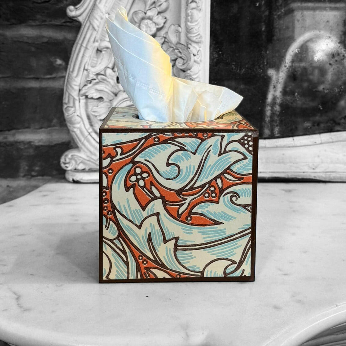 CLERKENWELL **LIMITED EDITION** Square tissue box cover - Decoupaged in Batchelor's Button/Morris &Co - colourway burnt orange/sky..