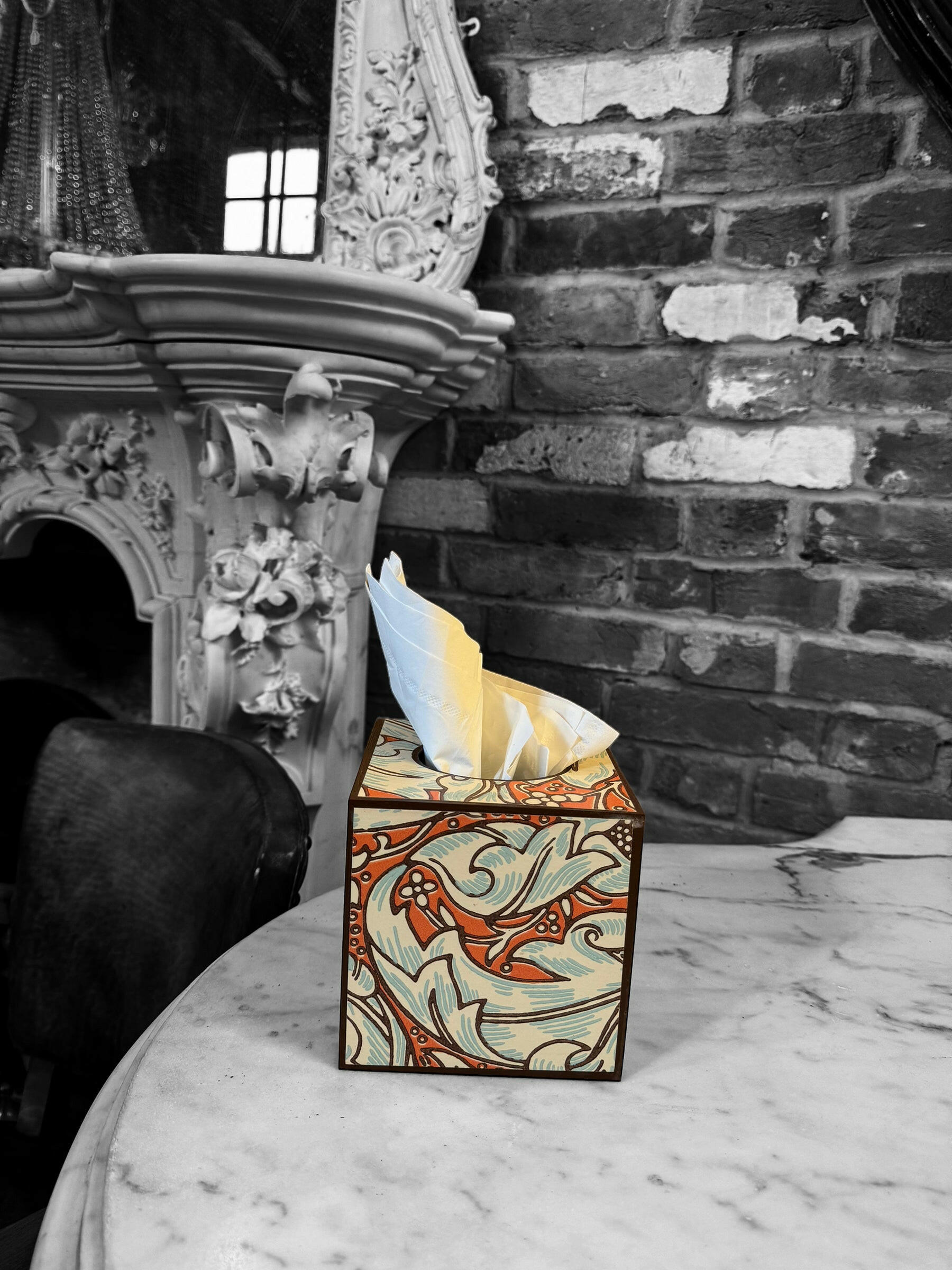 CLERKENWELL **LIMITED EDITION** Square tissue box cover - Decoupaged in Batchelor's Button/Morris &Co - colourway burnt orange/sky..