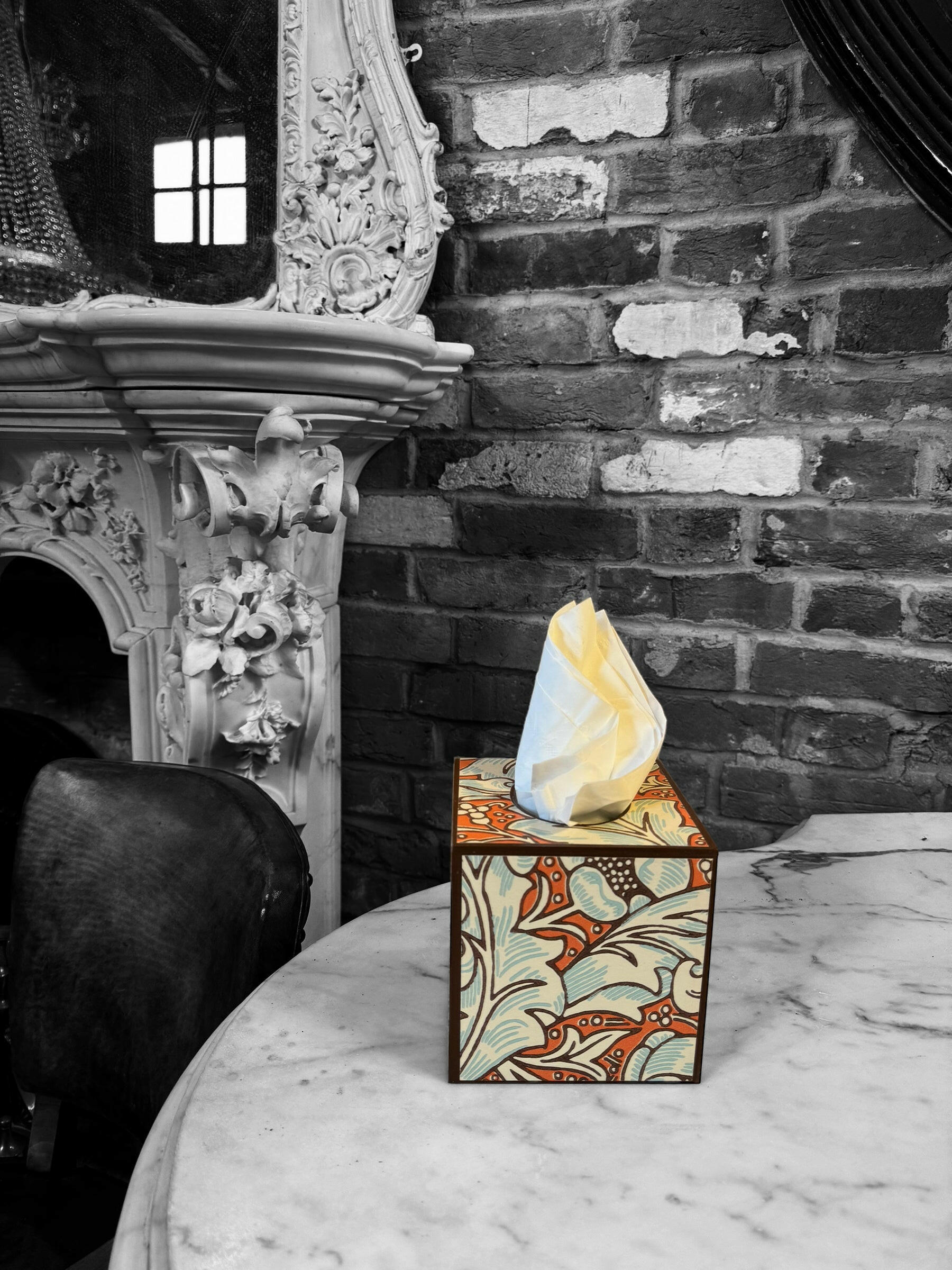 CLERKENWELL **LIMITED EDITION** Square tissue box cover - Decoupaged in Batchelor's Button/Morris &Co - colourway burnt orange/sky..