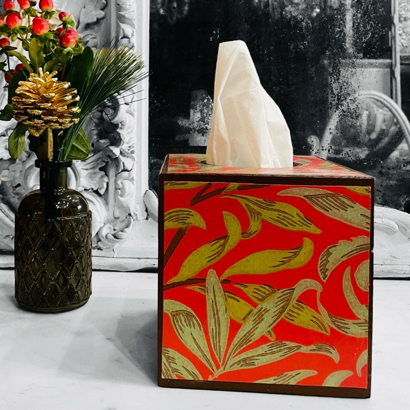 HOLBORN - Waste paper bin & tissue box cover - Decoupage in Willow Boughs/Morris & Co in Tomato/Olive colourway.