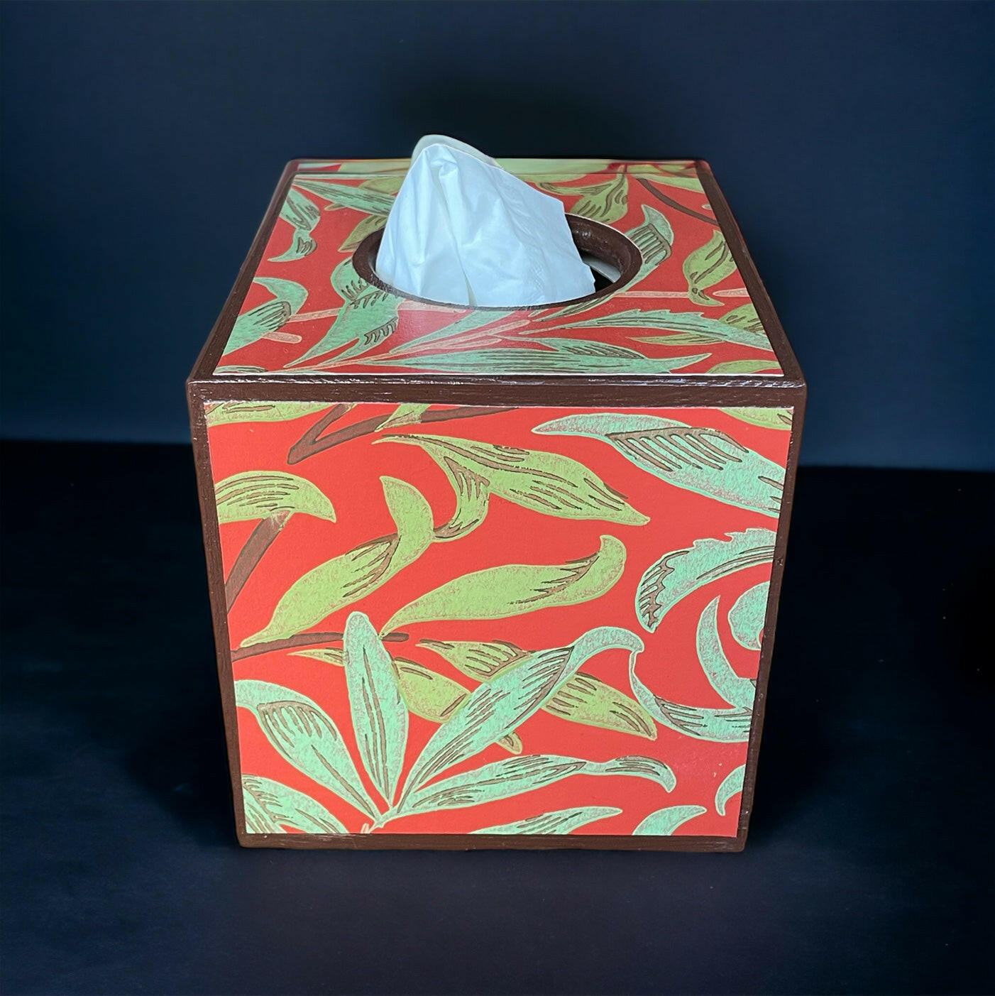 HOLBORN - Waste paper bin & tissue box cover - Decoupage in Willow Boughs/Morris & Co in Tomato/Olive colourway.