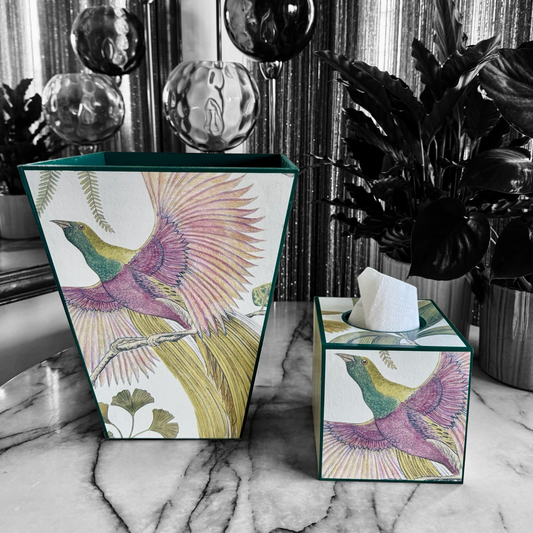 KEW Waste paper bin and tissue box set - Decoupage in Birds of Paradise/Sanderson in in Orchid colourway