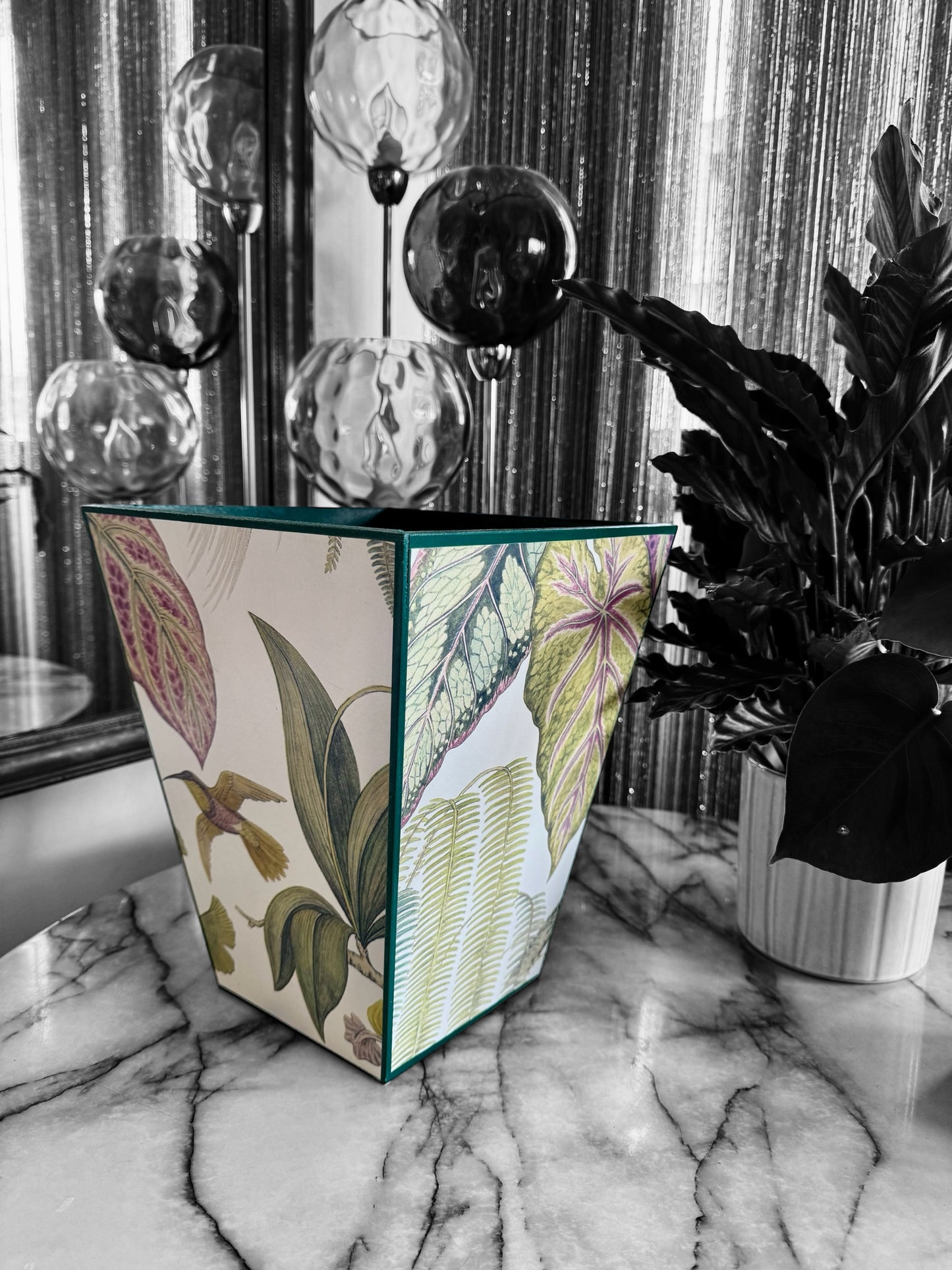 Kew - Wooden waste paper bin & tissue box holder - Decoupage in Bird of Paradise by Sanderson in Orchid colourway