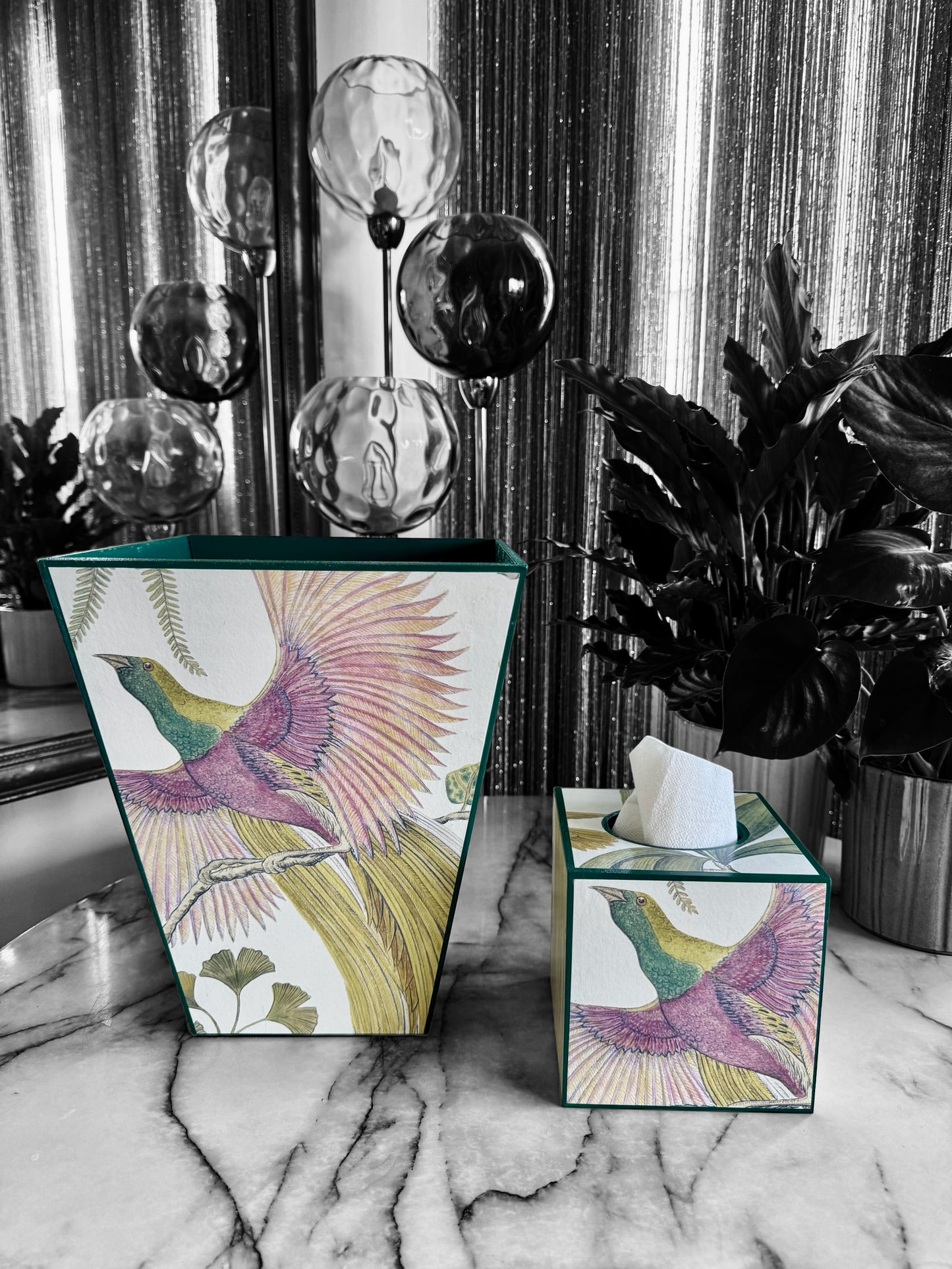 KEW Waste paper bin and tissue box set - Decoupage in Birds of Paradise/Sanderson in in Orchid colourway