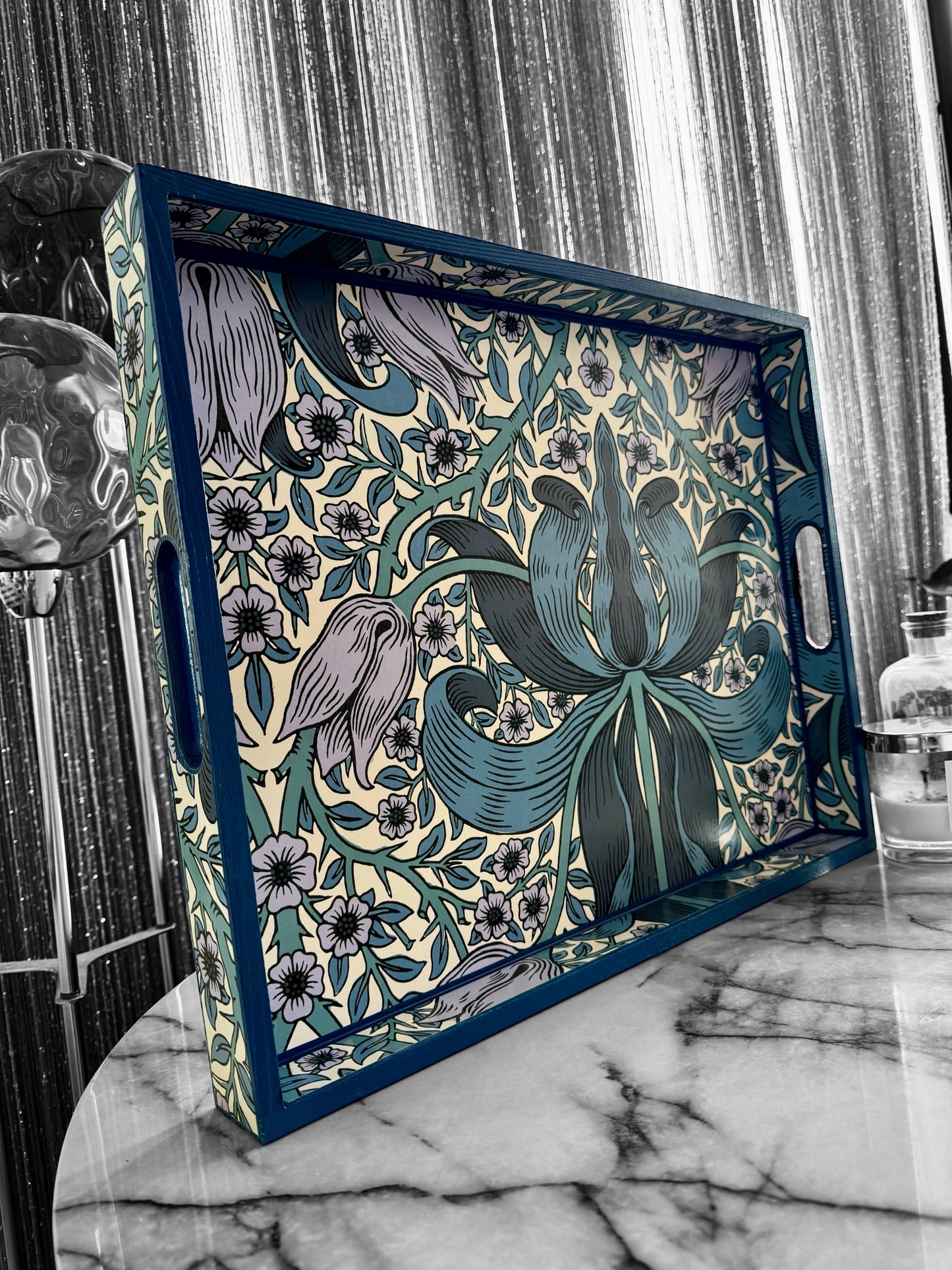 NOREEN Tray available in 4 x sizes - Decoupage in Spring Thicket/Morris & Co in Indigo/Lilac colour way