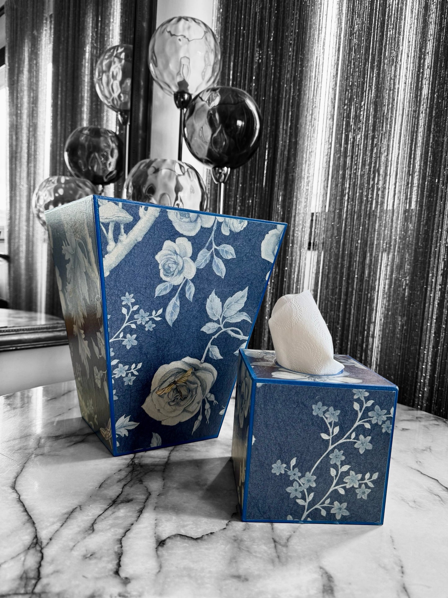 Esher - Matching set option for square or rectangle tissue box cover - Decoupage in Tansy Bloom by Giles Deacon atlantis colourway