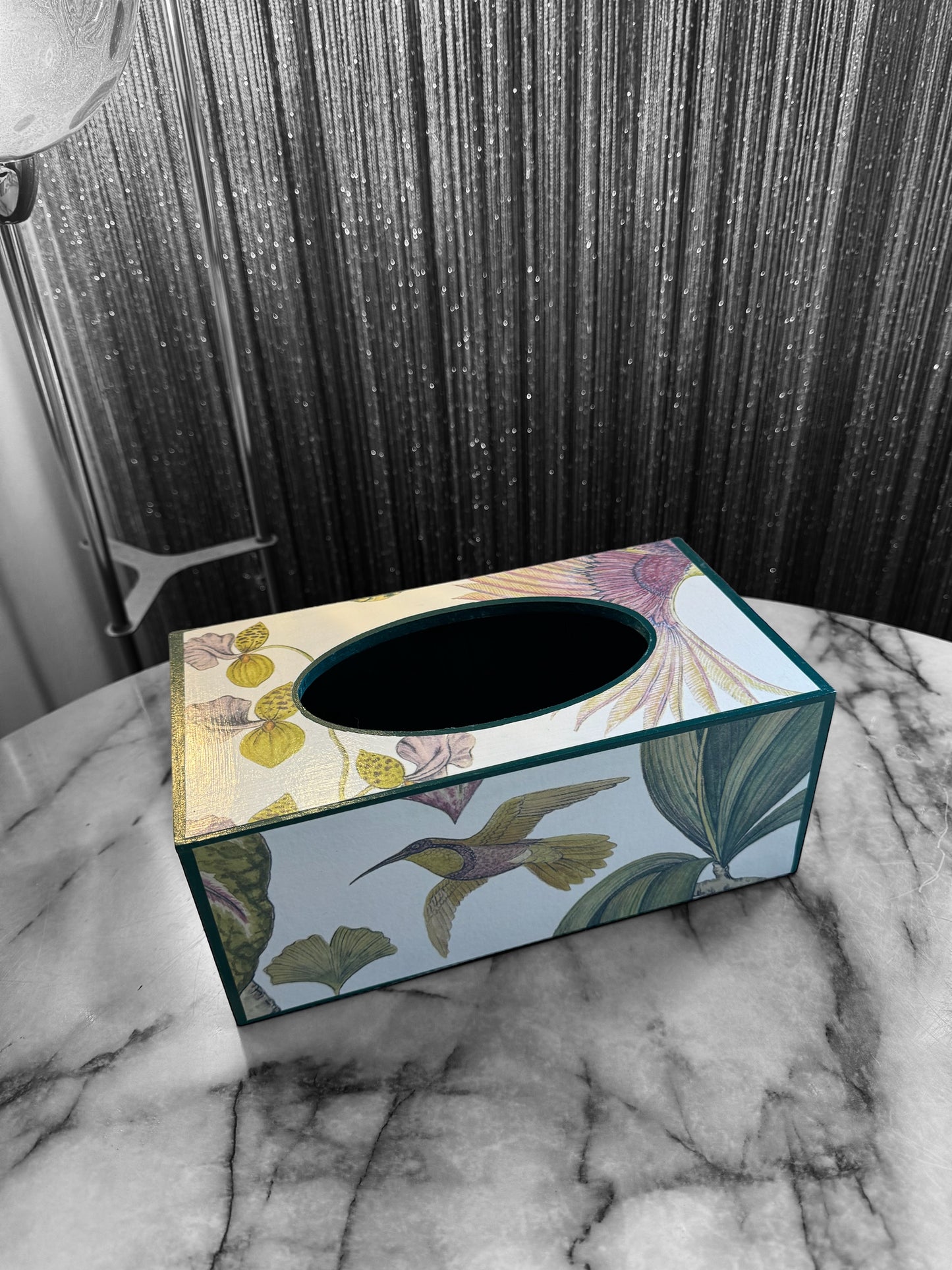 KEW Waste paper bin and tissue box set - Decoupage in Birds of Paradise/Sanderson in in Orchid colourway