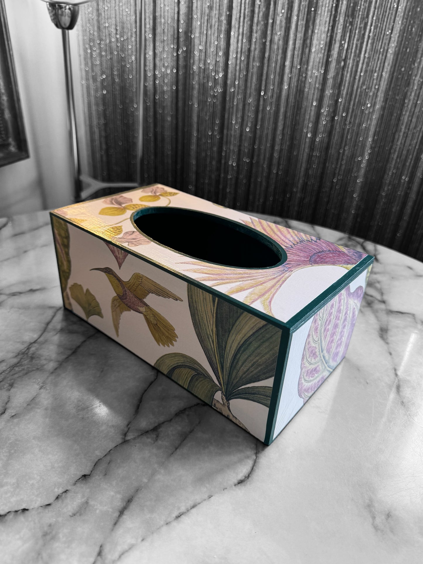 KEW Waste paper bin and tissue box set - Decoupage in Birds of Paradise/Sanderson in in Orchid colourway