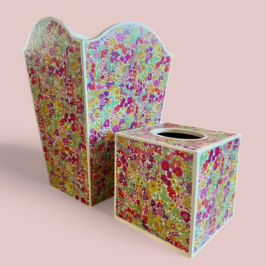 Regents St - Matching set - Waste paper bin & square or rectangle tissue box cover - Decoupage in Tana Lawn by Liberty London in pink colourway.
