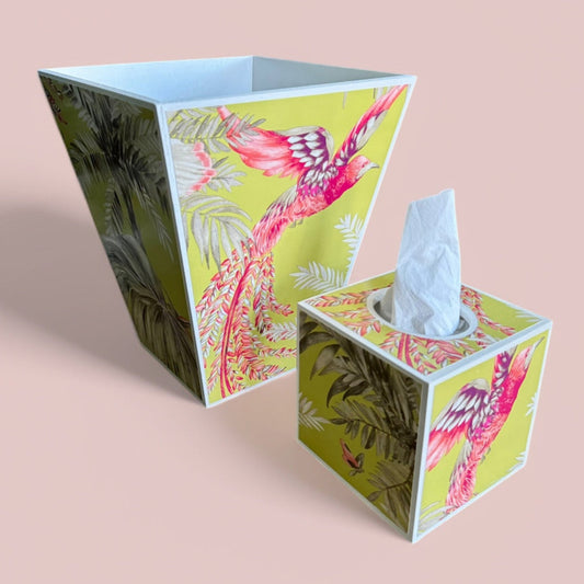Twickenham - Matching set - Waste paper bin & square or rectangle tissue box cover - Decoupage in Bird of Paradise by Matthew Williamson in pink/purple colourway