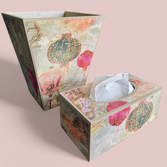 Tokyo - Waste paper bin and matching tissue box cover - Decoupage in intricate Japanese garden inspired textured paper