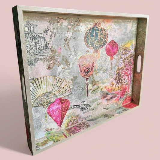 Tokyo - Ottoman tray available in 4 x sizes - Decoupage in intricate Japanese garden inspired textured paper