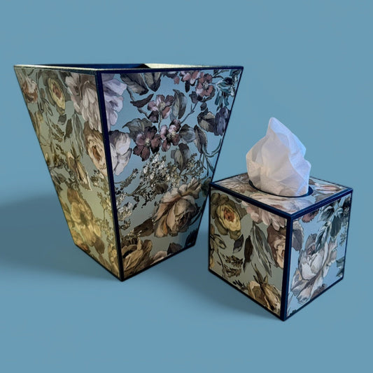 Brighton - Matching set - Waste paper bin & square or rectangle tissue box cover - Decoupage in Designers Guild/Mansur in Eau De Nil colourway