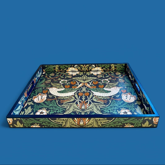 Weybridge - Ottoman tray available in 4 x sizes - Decoupage in William Morris Strawberry Thief in navy colourway