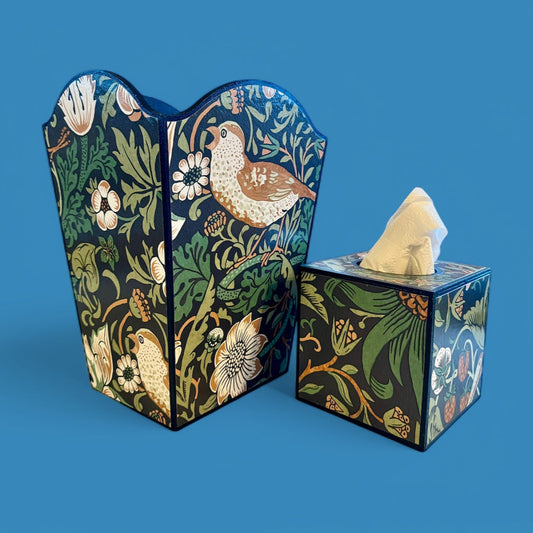 Weybridge -  Matching set - option for square or rectangle tissue box cover Decoupage in William Morris Strawberry Thief in navy and green colourway