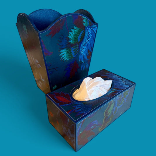 Dover - Matching set option for square or rectangle tissue box cover - Decoupage in Majorelle by House of Hackney in petrol colourway