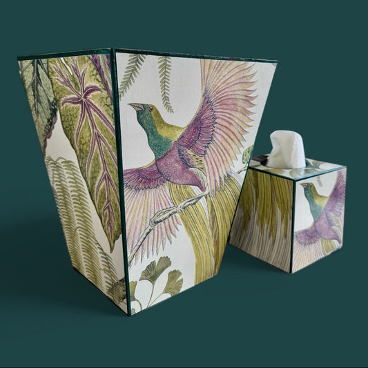 Kew - Wooden waste paper bin & tissue box holder - Decoupage in Bird of Paradise by Sanderson in Orchid colourway