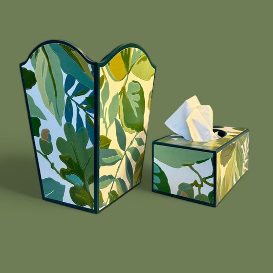 Kent - Matching set - Waste paper bin & square or rectangle tissue box cover - Decoupage in Robin's Wood by Sanderson in botanical colourway