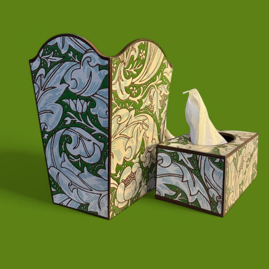 Clerkenwell waste paper bin and long tissue box cover - William Morris Batchelors Button leaf green/Sky. Handmade by Beatrice Bloom London