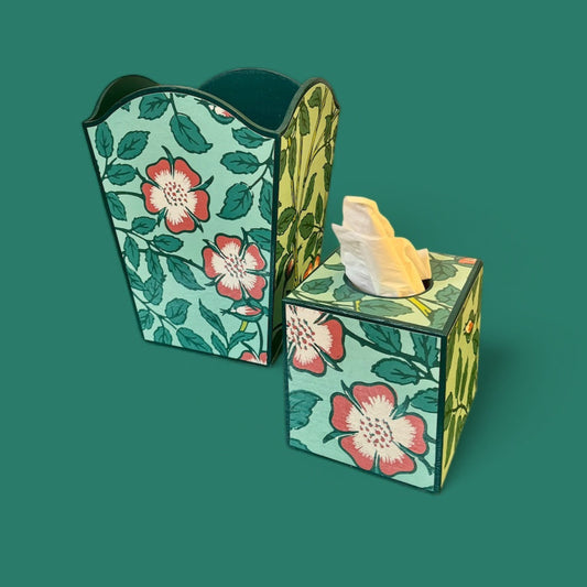 Featured in BRITISH VOGUE Norfolk waste paper bin & square tissue box cover aqua, teal,green,pink. Handmade by Beatrice Bloom London