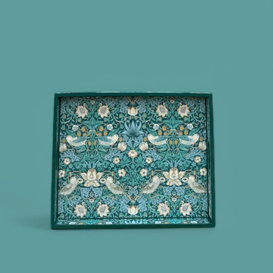 Kelmscott - Ottoman tray available in 4 x sizes - Decoupage in William Morris Strawberry Thief by Clarke & Clarke in teal colourway