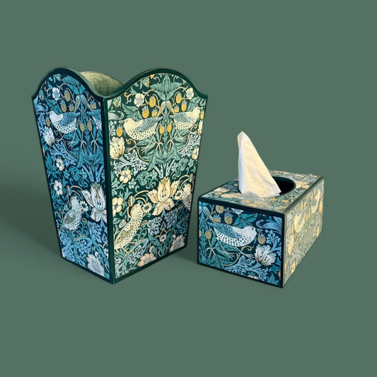 Kelmscott - Matching set - Waste paper bin and square or tissue box cover - Decoupage in William Morris Strawberry Thief by Clarke & Clarke in Teal colourway