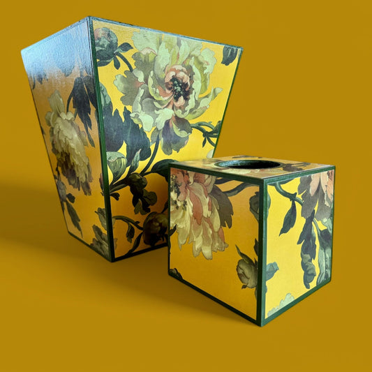 Notting Hill - Matching set - Waste paper bin & square or rectangle tissue box cover - Decoupage in Peoneden by House of Hackney in ochre colourway