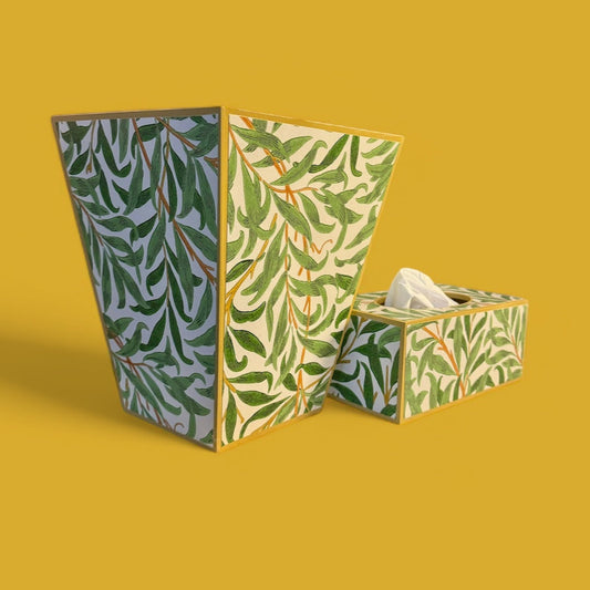 Broadstairs - Matching set - Waste paper bin and square or rectangle tissue box cover - Decoupage in William morris Willow Boughs by Morris & co in spring colourway