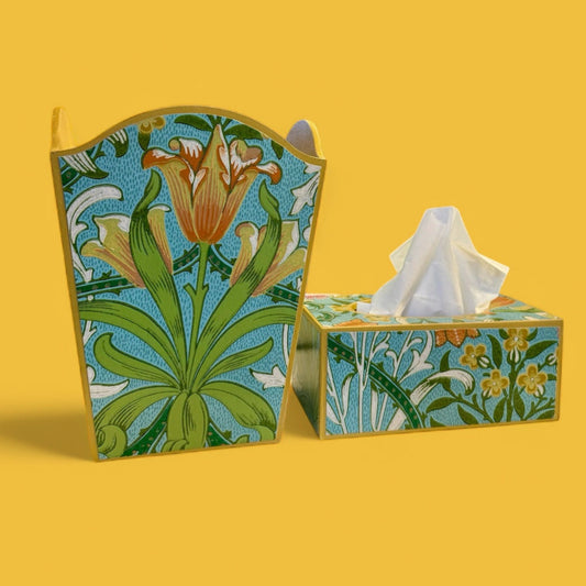 Highgate - Matching set - Waste paper bin & square or rectangle tissue box cover - Decoupage in William Morris Woodland Weeds by Morris & co in orange and turquoise colourway