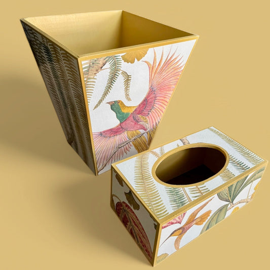 Kew *Spring 25 edition* Waste paper bin & matching tissue box cover - Decoupage in Bird of Paradise by Sanderson in Olive colourway