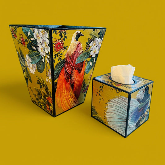 Greenwich - Matching set - Waste paper bin and square or rectangle tissue box cover - Decoupage in Songbird oriental in gold colourway