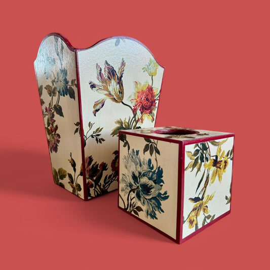 Eaton - Matching set - Waste paper bin and square or rectangle tissue box cover - Decoupage in Rosetta by House of Hackney Waste in ecru colourway