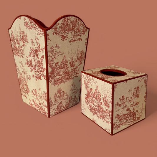 Red Toile de Jouy Waste paper bin, waste paper basket, square tissue box cover matching set. Handmade by Beatrice Bloom London